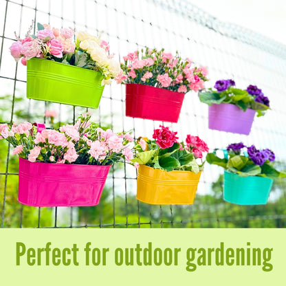 LaLaGreen Outdoor Hanging Planter (11.2 Inch, 6 Pack) Light Purple, Green, Yellow, Cadet Blue, Dark Pink, Red Metal Iron Window Box Flower Pot Deck Railings Balcony Fence Rail Porch Home Garden Decor