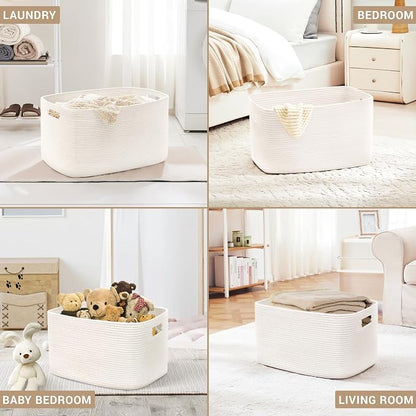 60L Small Baby Girls Laundry Basket for Nursery Storage,Cute Woven cotton Rope Baskets for Kids Toy，Gifts,Boho Square Wicker Blanket hamper for Living Room,Bedroom Dirty Clothes, White