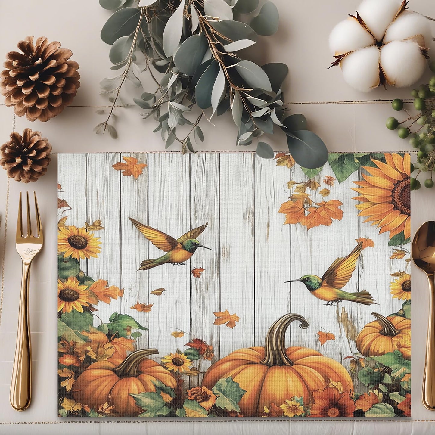 Thanksgiving Day Vinyl Placemats Set of 4 for Dining Tables,Fall Pumpkin Bird Sunflower on Wood Kitchen Table Mats Heat Resistant Washable Wipeable PVC Place Mat for Indoor Outdoor Seasonal Party