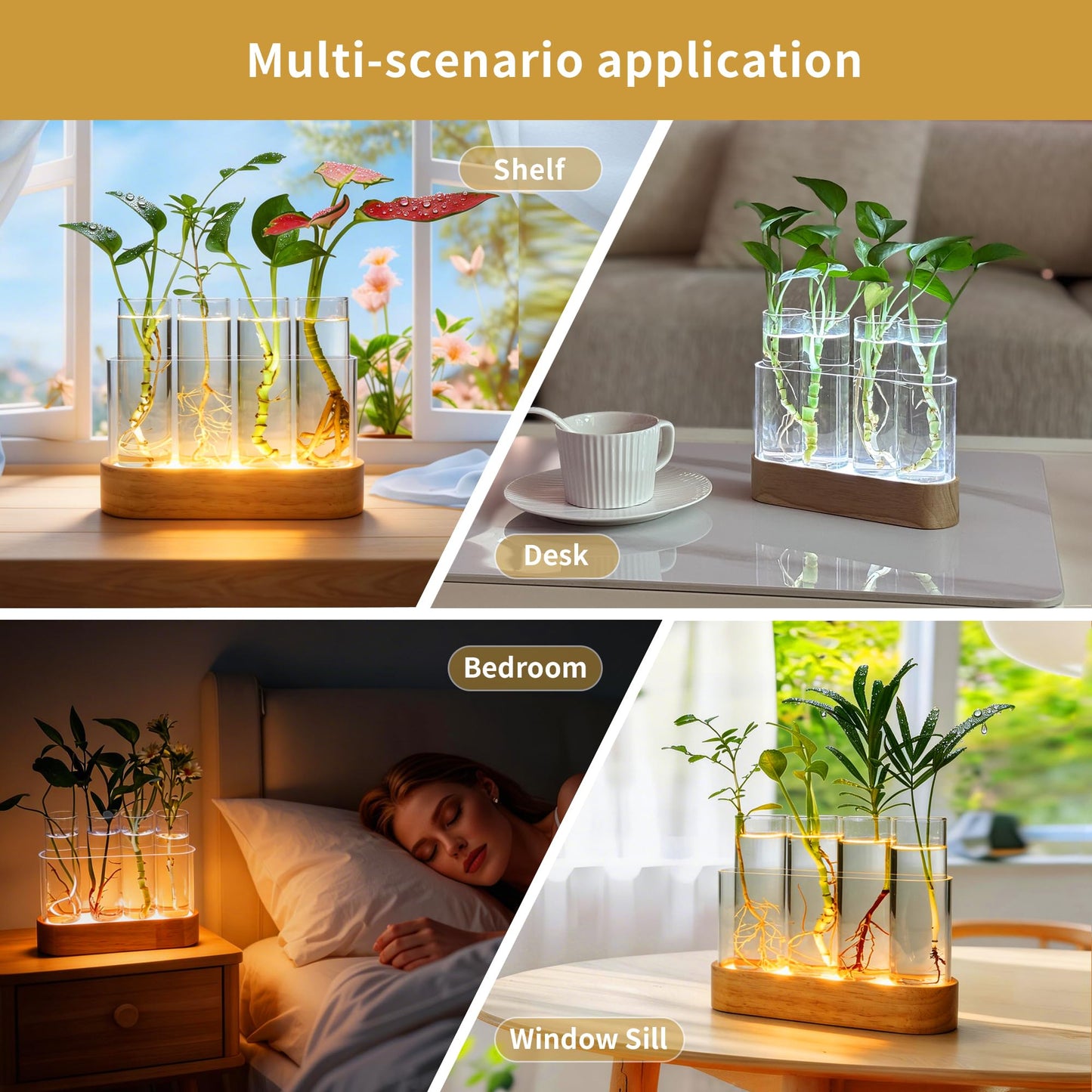 Plant Propagation Station with LED Lights, Wooden Stand, 4 Glass Test Tubes for Hydroponic Plants, 3 Lighting Modes 9 Brightness, Plant Lovers