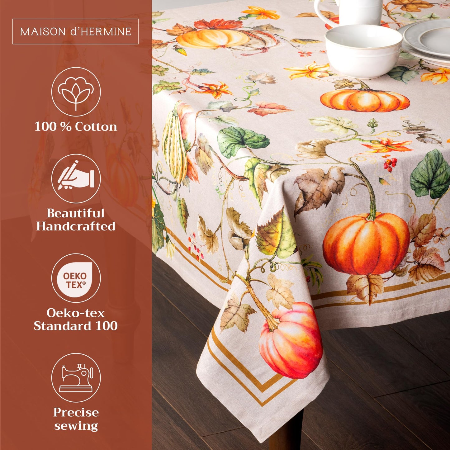 Maison d' Hermine Table Cloth Rectangle Table 100% Cotton 60 x 120 Inches Fall Tablecloth Reusable Everyday Use for Thanksgiving Christmas Decorations Dining Farmhouse Party (Potiron)
