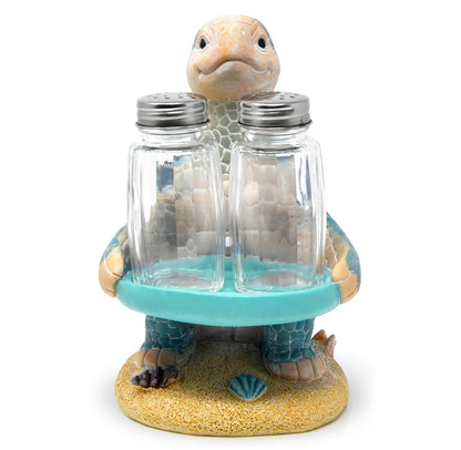 Sea Turtle Salt and Pepper Shakers Set with Holder, Coastal Beach Kitchen Table Decor, Ocean Themed Resin Figurine Set
