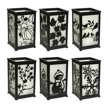 Decorative LED Candle Lantern with Timer & 12 Magnetic Seasonal Panels - Battery Operated Flameless Flickering Candle - Rustic Black Metal Lantern for Indoor & Outdoor Home Decor, 5” x 5” x 8.5”