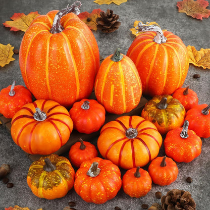 Ywlake 16 Pcs Pumpkin Fall Decorations, Decorative Large Small Outdoor Orange Foam Plastic Fake Faux Artificial Pumpkins for Halloween Autumn Harvest Festival Home Table Decor