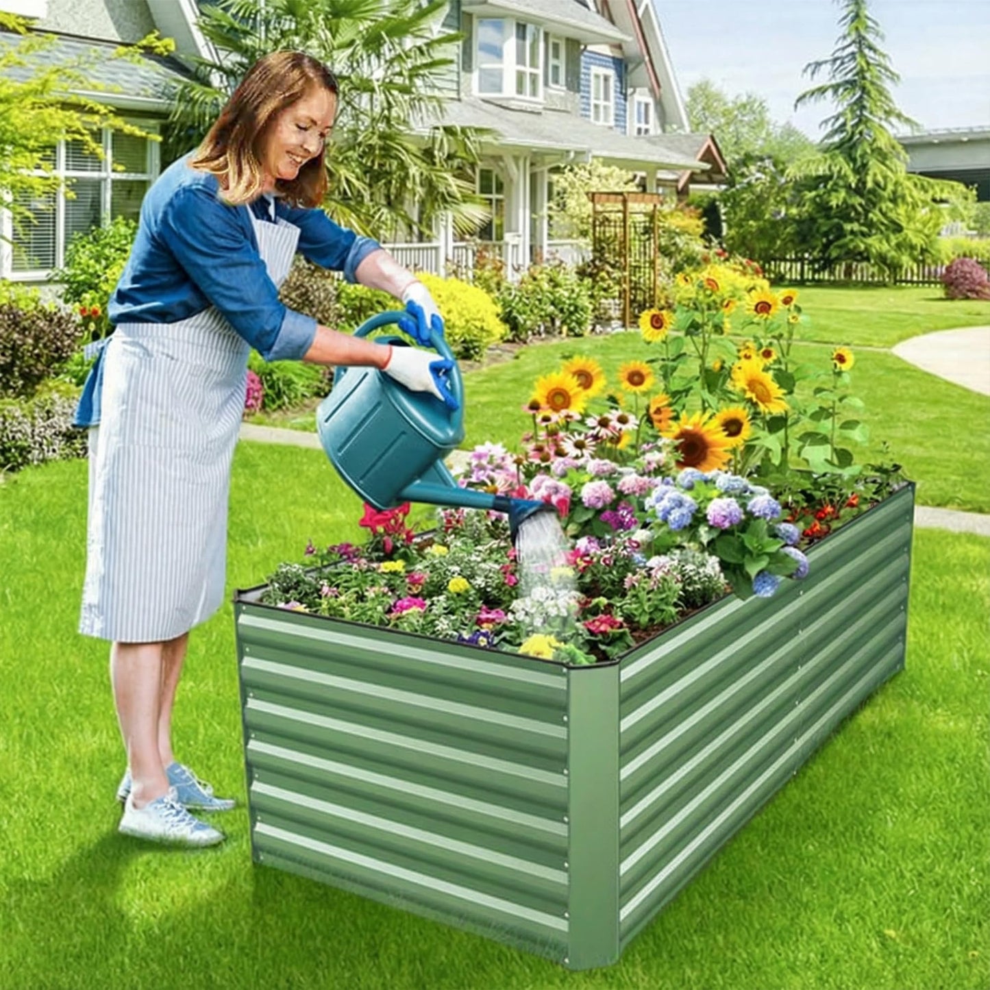 Homdox 6×3×2FT Galvanized Metal Raised Garden Bed Kit, Deep Root Elevated Planter Box w/Anti Cutting Strip & A Pair of Gloves, for Vegetables, Flowers, Herbs, Succulents, 265 Gallon Capacity, Green