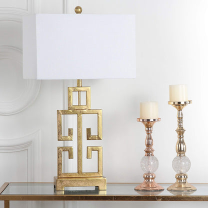 SAFAVIEH Lighting Collection – Greek Key Table Lamp – Antique Gold Metal Base with White Fabric Shade, LED Bulb Included, 29-Inch Bedroom Living Room Desk Lamps (LITS4305A)