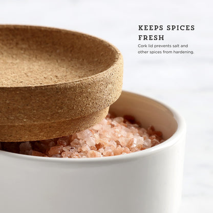 Kamenstein Ceramic and Cork Salt Pig with Easy Lift Lid for Easy Access, White