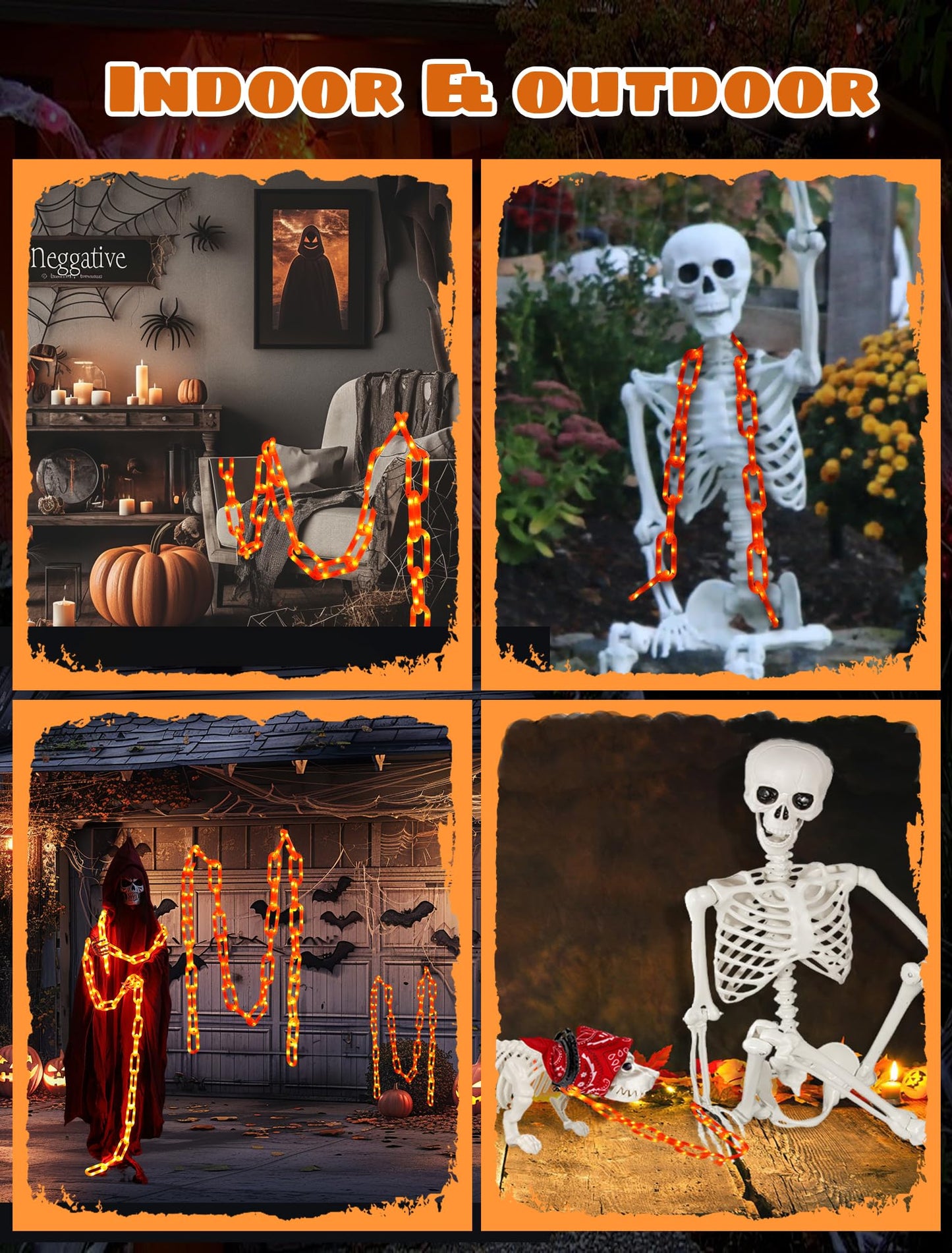 BEEWIN Halloween Decorations Chain Lights,10.4 Ft 175 LED Plastic Chain String Lights Battery Operated and USB,8 Lighting Modes Orange Light with Timer for Halloween Skeleton Dog Party Spooky Outdoor