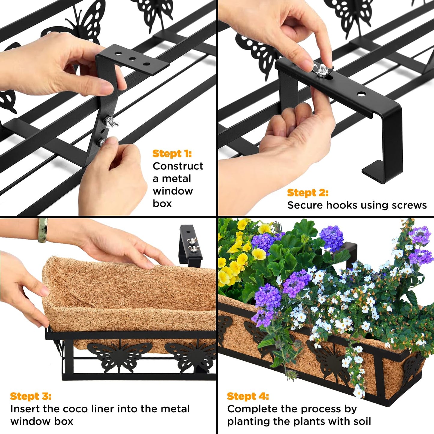 TPHUC Window Box Railing, 24IN Black Metal Hanging Flower Planter Basket with Coco Liner for Outdoor Balcony Porch Fence Patio for Home, Office and Hotel (Black - 2 Pcs/Set)