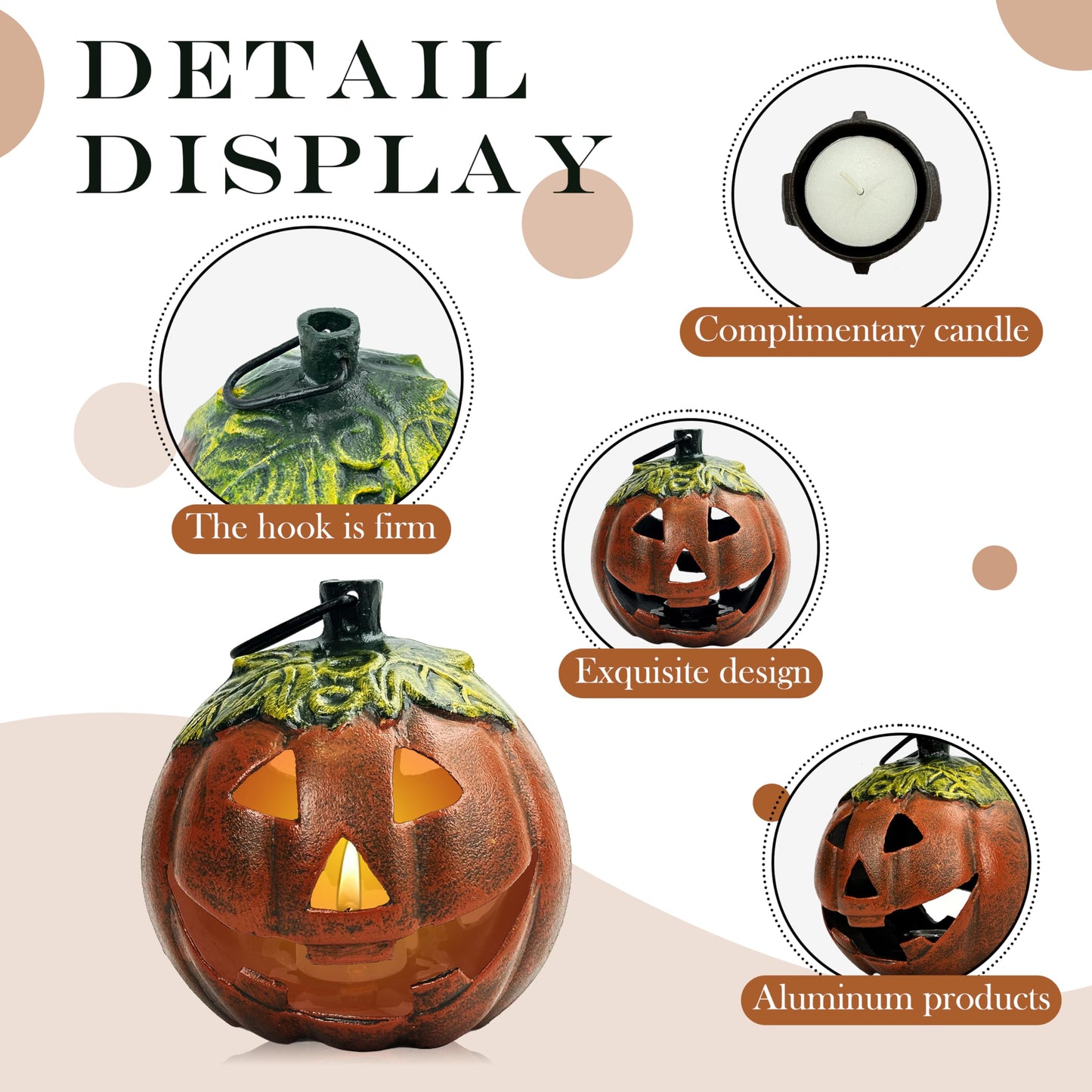 Linton Arts Cast Aluminum Jack O Lantern Candle Holder, Lighted Pumpkin Decor for Outside, Faux Pumpkin Lantern for Porch, Patio & Tabletop Halloween Decoration