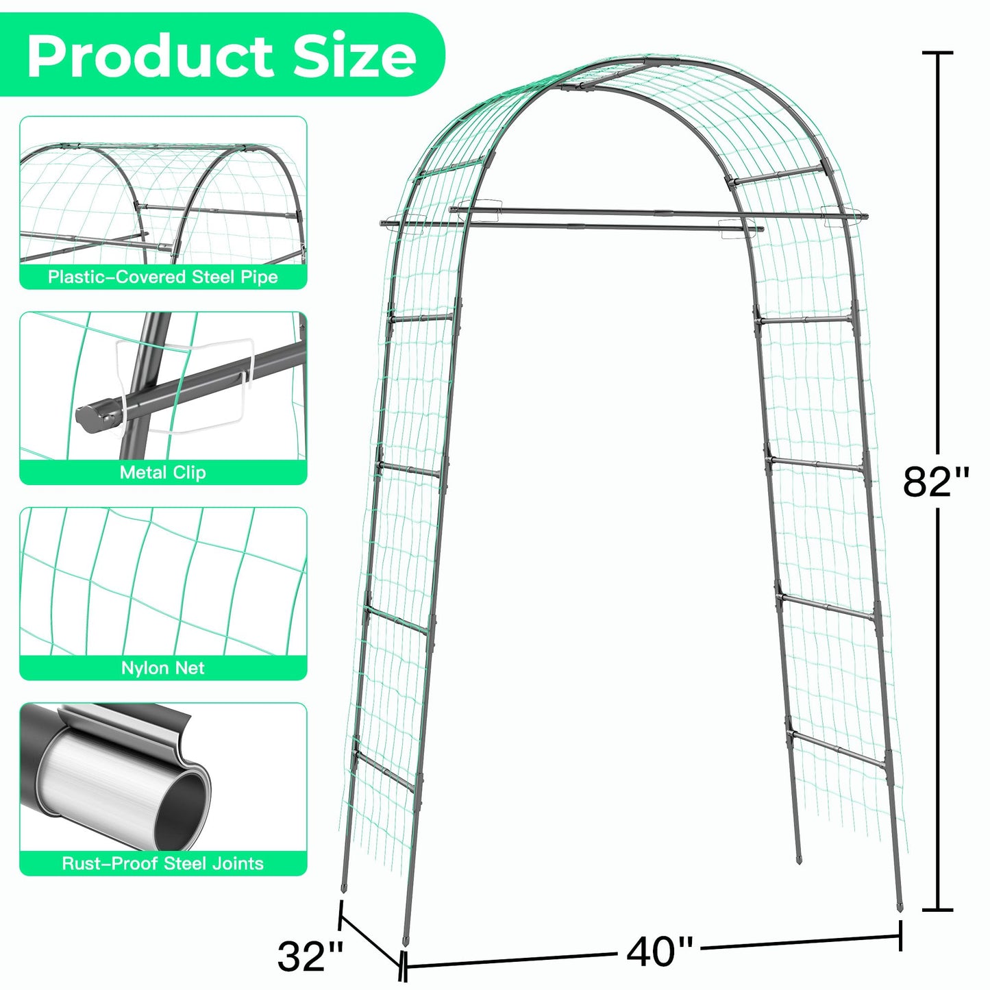 Garden Arch Trellis for Climbing Plants, 82 Inch Tall Grape Trellies for Outdoor,Flower Vegetable Tomato Cucumber Trellis with Clamp Netting, Metal Vine Plants Support for Wedding Garden Decoration