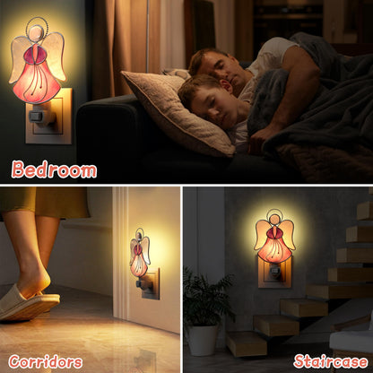 KUNDGLA Pink Angel Night Lights Plug into Wall,Stained Glass Plug in Night Light for Wall Socket Decorative Nightlight for Bedroom Hallway Kitchen Home Gifts for Mom Mother`s Day Birthday Christmas