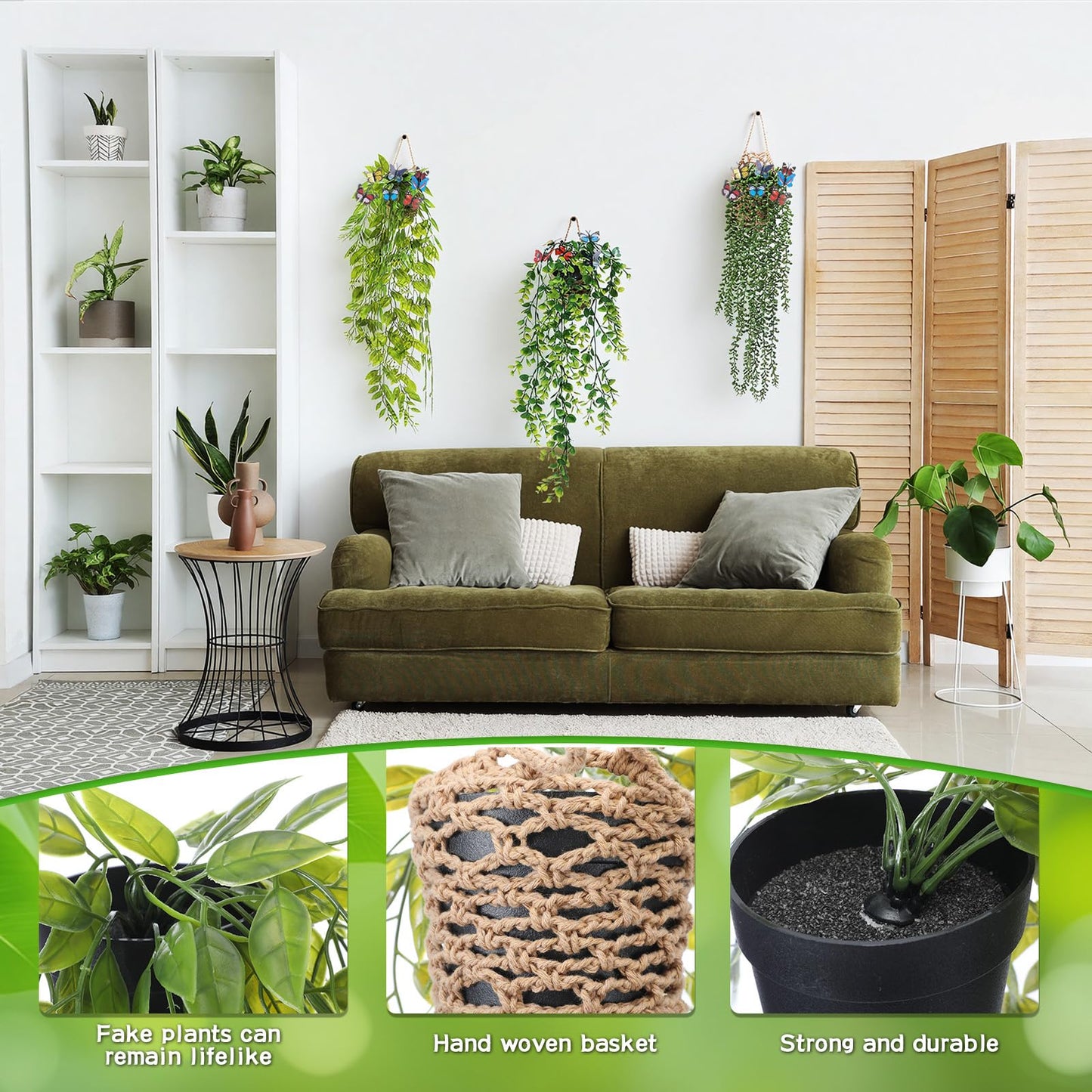 Giegxin 10 Set Fake Hanging Plant with Macrame Basket Summer Mini Artificial Macrame Plant Hanger with Woven Basket and Butterfly Ivy Faux Vines Eucalyptus Leaf for Indoor Home Wall Shelf Decor