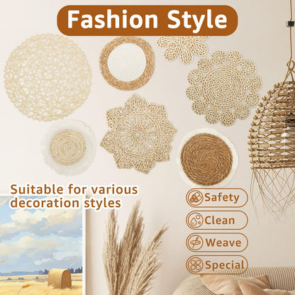 7 Pcs Boho Wall Basket Decor, Rattan Wicker Boho Wall Decor, Hanging Woven Basket Wall Decor, Round Handmade Wall Art for Living Room Bedroom Display Table Settings Home Christmas Decoration (Khaki)