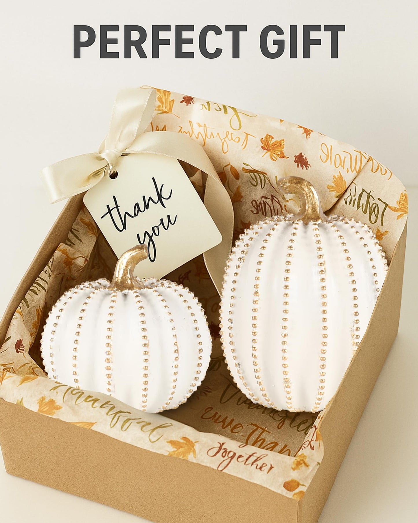 GoGnome Set of 2 White & Gold Decorative Pumpkins – Resin Fall Harvest Table Centerpiece, Elegant Autumn Décor for Thanksgiving Decoration Farmhouse Home (White)