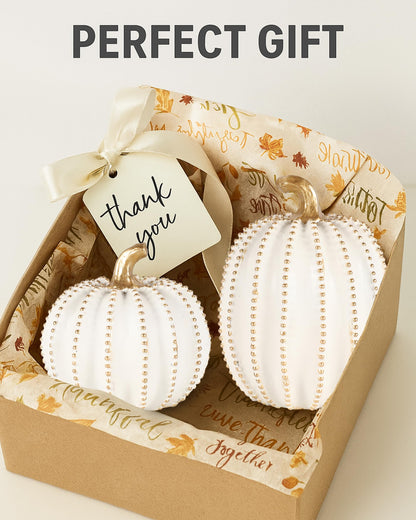GoGnome Set of 2 White & Gold Decorative Pumpkins – Resin Fall Harvest Table Centerpiece, Elegant Autumn Décor for Thanksgiving Decoration Farmhouse Home (White)