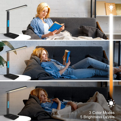 snsok Desk Light with Wireless Charger, USB Charging Port, Dimmable Office Desk Lamp with Clock, Alarm, Date, Temperature, Foldable Lamp for Table Bedroom Bedside Office