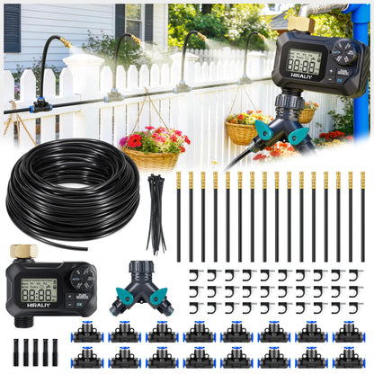 HIRALIY 360° Adjustable Drip Irrigation System 100FT with Timer, 1/4" Tubing and Adjustable Copper Nozzles, Automatic Atomizing Watering Kit for Garden, Yard, Lawn, Greenhouse & Potted Plants
