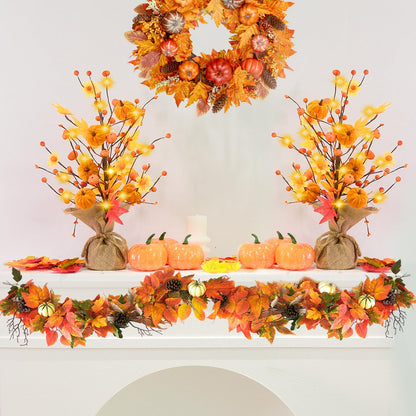 jabeick Fall Decorations for Home, 1 Pack 24 Inch Artificial Fall Pumpkin Berry Maple Leaf Tree with Lights for Tabletop Thanksgiving Autumn Harvest Indoor Decor