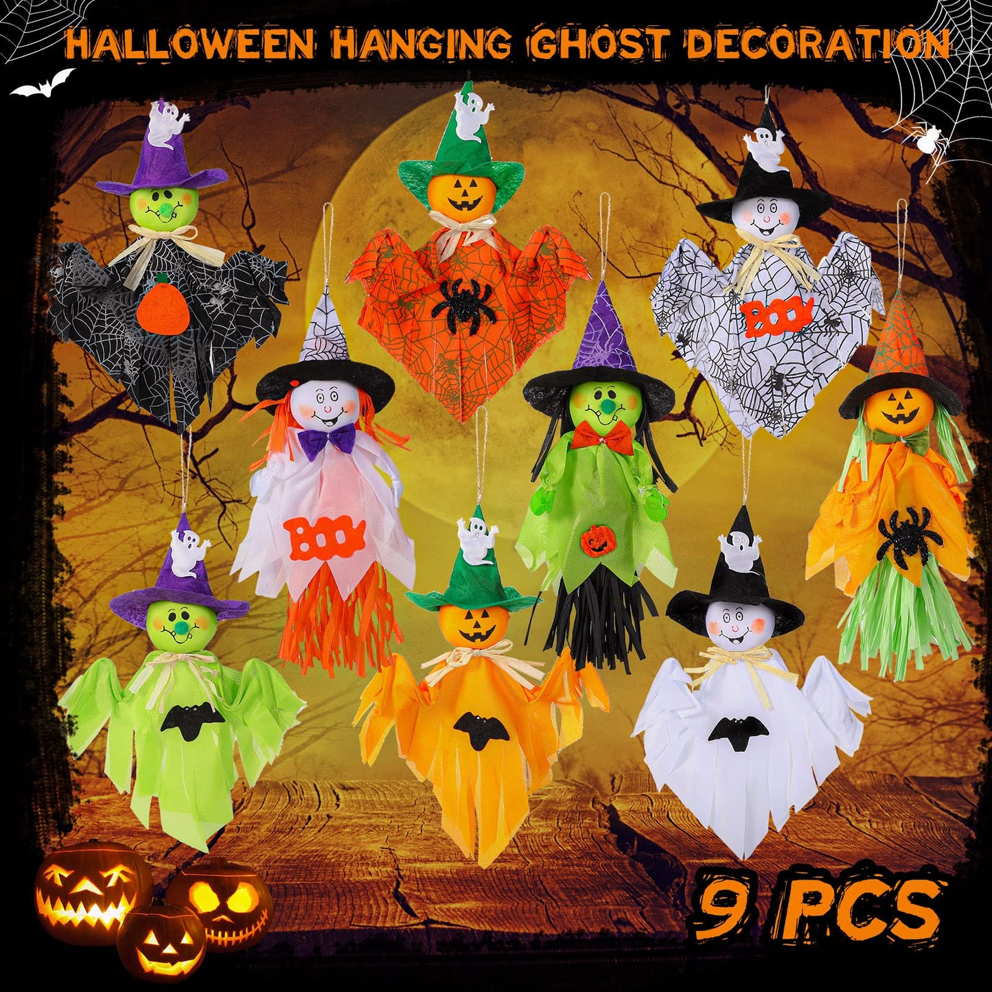 Zomiboo 9 Pack Halloween Decoration Hanging Ghost Pumpkins Decorations Tree Scary Pumpkin Witch Spider Bat Straw Windsock Pendant for Patio Lawn Garden Spooky Party