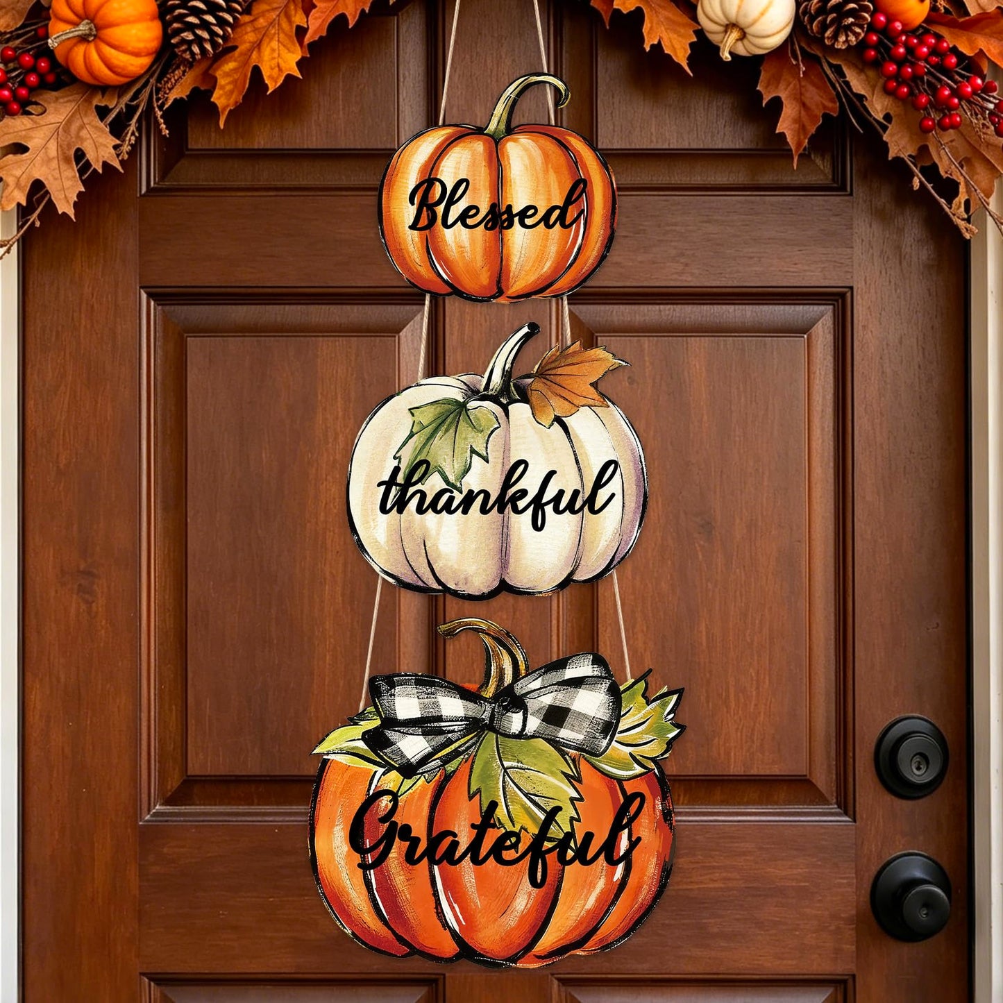 AnyDesign Fall Wooden Hanging Door Sign Thanksgiving Party Decoration Rustic Pumpkin Wood Plaque Ornament Pre-Assembled with DIY Bow Leaves for Autumn Front Door Wreath Porch