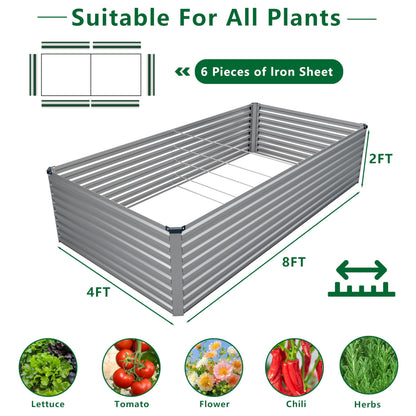 DIIYIV Galvanized Raised Garden Bed Kit Outdoor Patio,8x4x2ft Large Rectangular Metal Planter Boxes,Deep Root Box Planter for Gardening,Vegetables,Flowers,Herbs-Silver