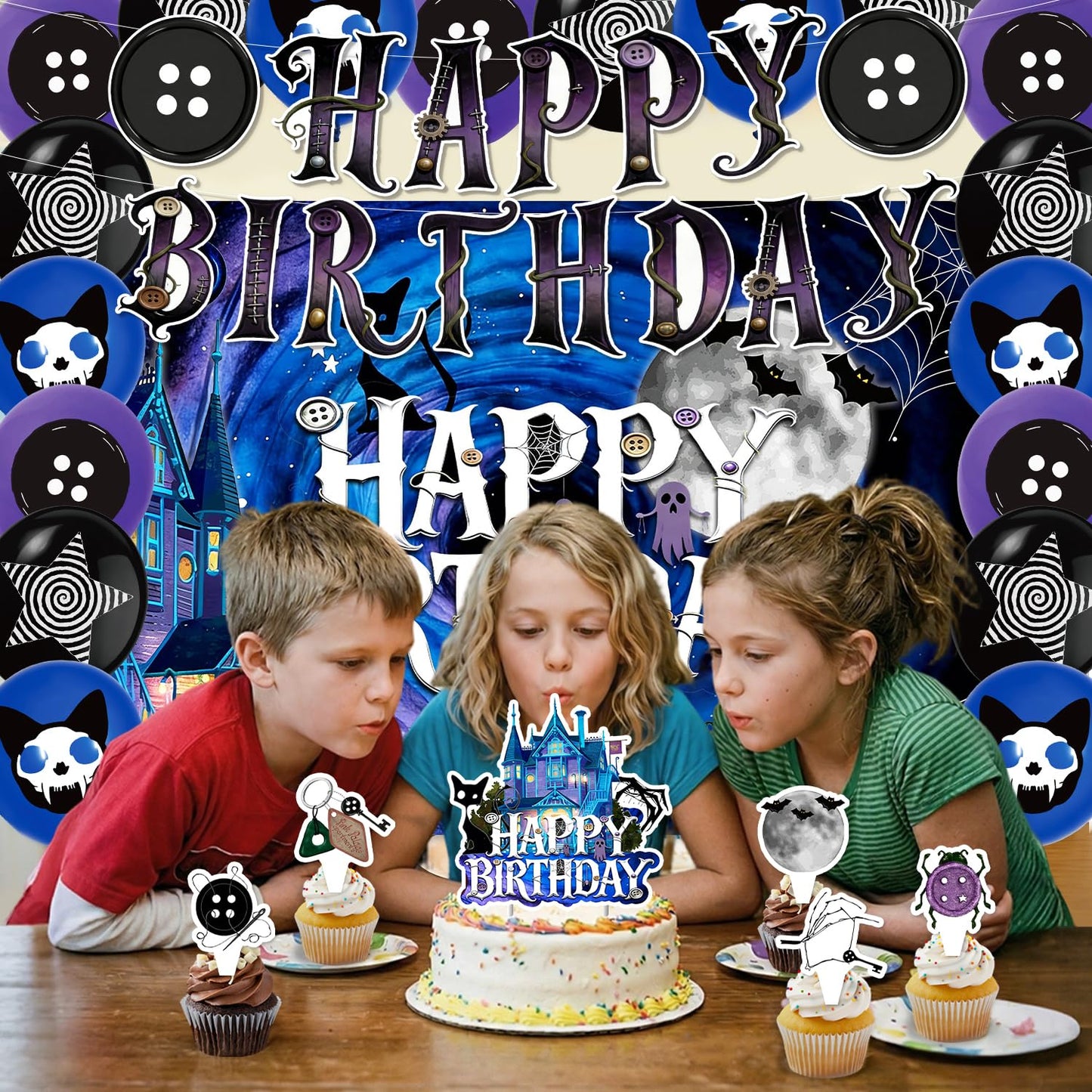 42Pcs Button Party Halloween Night Birthday Party Decorations Includes Cake Toppers,Cupcake Toppers, Banner, Backdrop, Balloons Halloween Party Supplies
