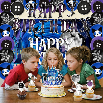 42Pcs Button Party Halloween Night Birthday Party Decorations Includes Cake Toppers,Cupcake Toppers, Banner, Backdrop, Balloons Halloween Party Supplies