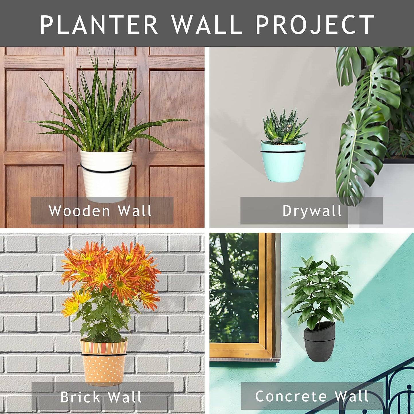 Wtiujhg 6 inch Flower Pot Holder Ring Wall Mounted Set of 4 Heavy Duty Metal Wall Plant Holder Plant Hanging Bracket Hanger for Outdoor/Indoor