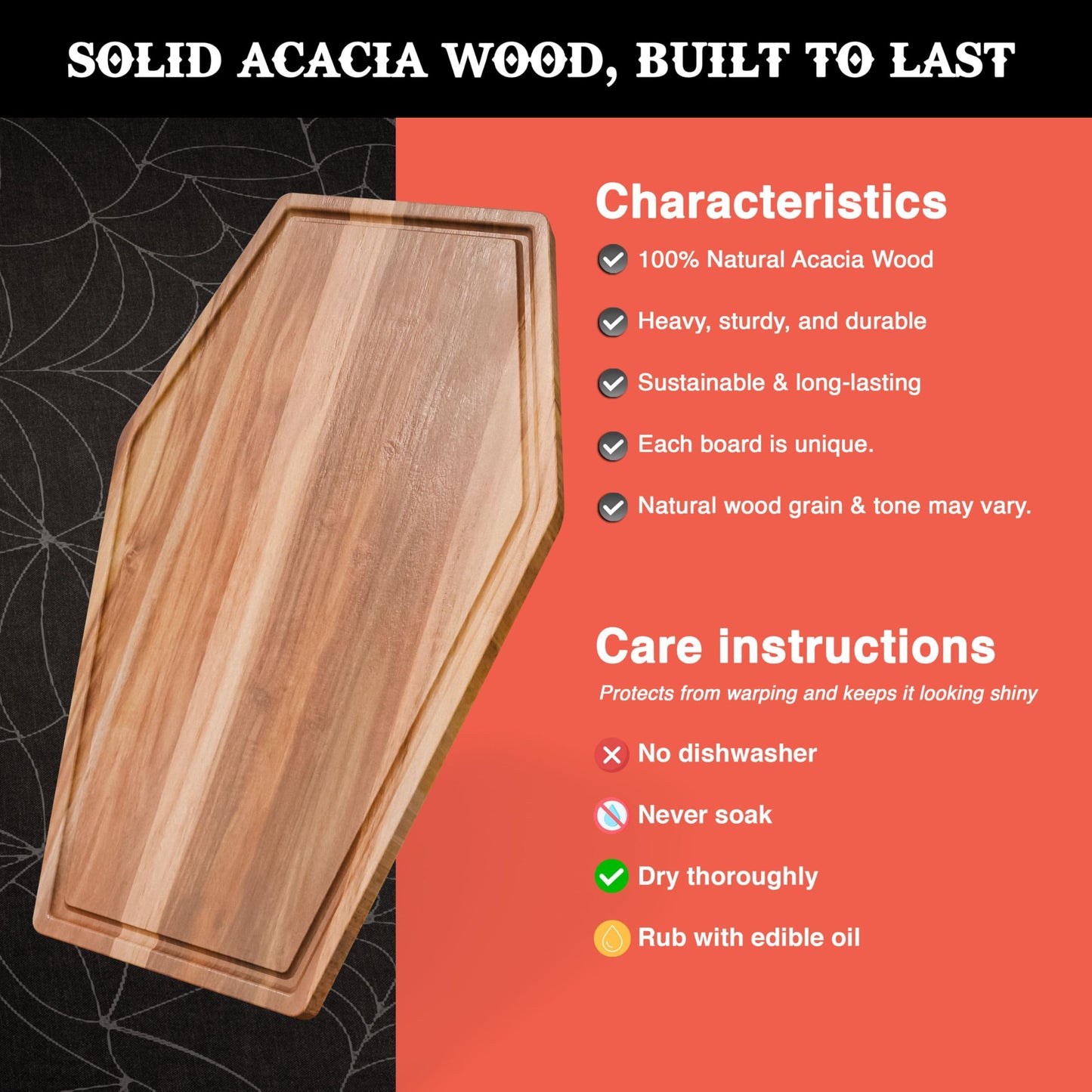 Large Coffin Charcuterie Board - Gothic Acacia Wood Coffin Shaped Cutting Board 17x10.5inch, Halloween Wooden Serving Tray, Goth Platter, Spooky Decor Gifts