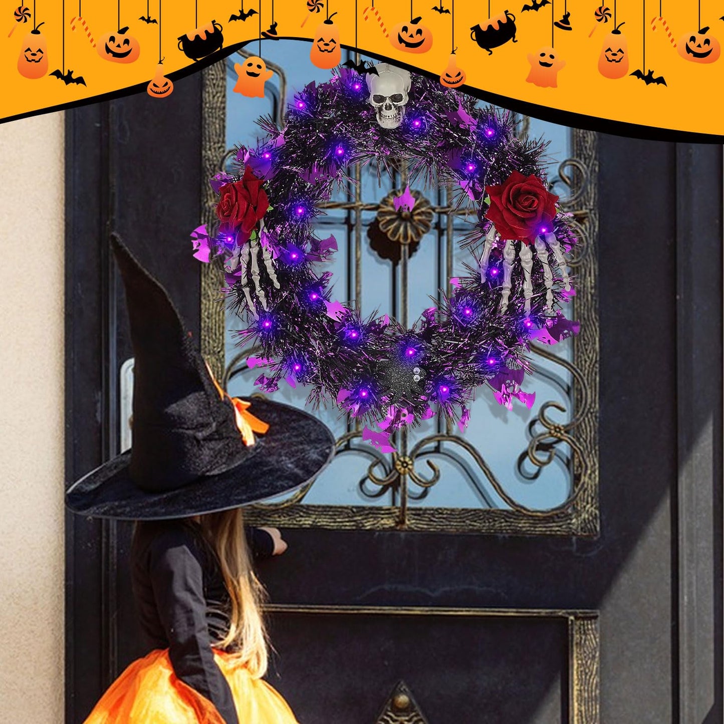 Halloween Wreath for Front Door with Lights,13 Inch Skull Wreath Halloween Decorations for Indoor Window Party Holiday Wall Home Decor (Rose and Skull)