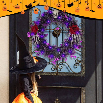 Halloween Wreath for Front Door with Lights,13 Inch Skull Wreath Halloween Decorations for Indoor Window Party Holiday Wall Home Decor (Rose and Skull)