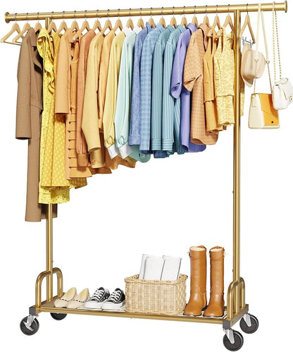 Sakugi Clothes Rack - Large-Capacity Clothing Racks for Hanging Clothes with Lockable Wheels, Space-Saving Metal Coat Rack for Bedroom, Laundry Room, Entryway, 45.6" x 16.9" x 59", Gold