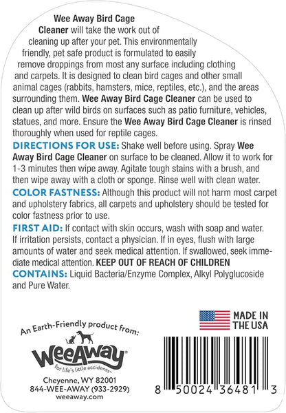 Wee Away Bird Cage Cleaner for Small Cages, Droppings Remover, Enzyme Cleaning Spray for Perches, Feeders, and Walls, Unscented, 16 fl oz
