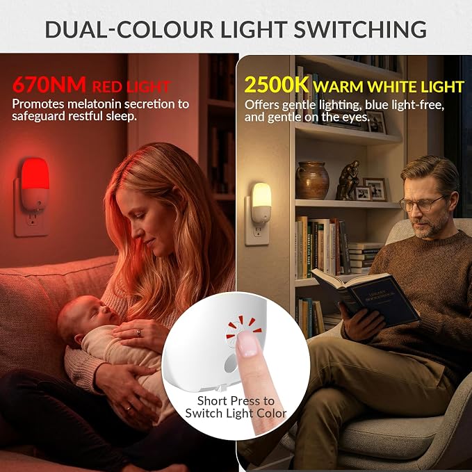 Klarlight 670nm Red Night Light for Sleep Therapy, Warm White Nightlight, Dusk to Dawn Sensor, LED Dimmable Night Lights Plug into Wall for Baby Kids Adults Bedroom, Hallway, Bathroom, 0.5W(2 Pack)