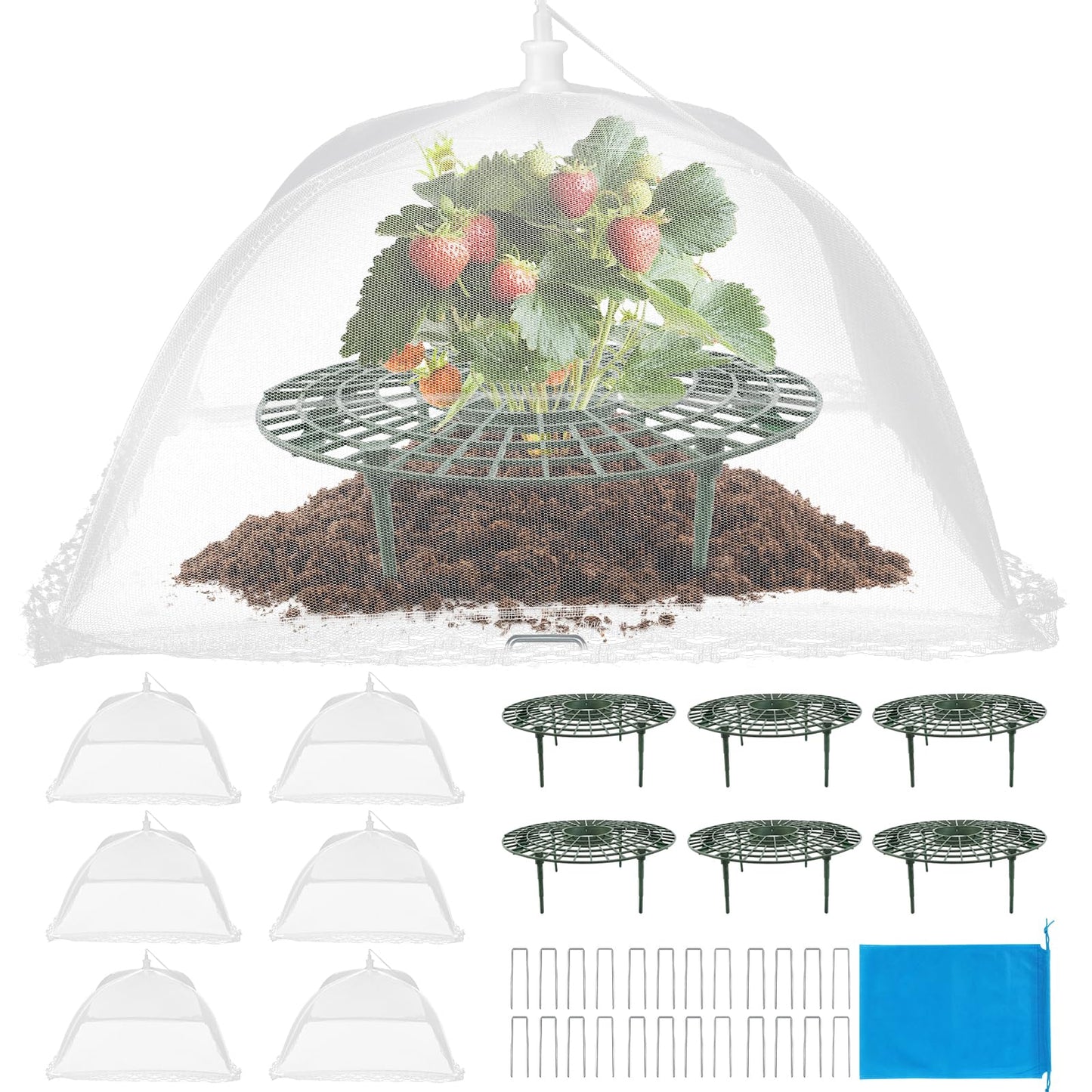 COZYDIG 4 Sets Strawberry Plant Support with Mesh Plant Cover,Strawberry Growing Racks Sets with Iron Plant Nails and Storage Bag for Garden Strawberry Vegetables(White Net - Round)