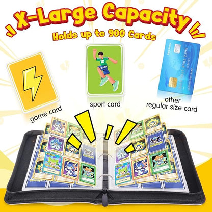 9 Pocket Card Binder with Zipper (900 Cards), Premium PU Holder, Double-Sided Display. Includes 5 Hard Plastic Sleeves for Game Cards and Sports Cards