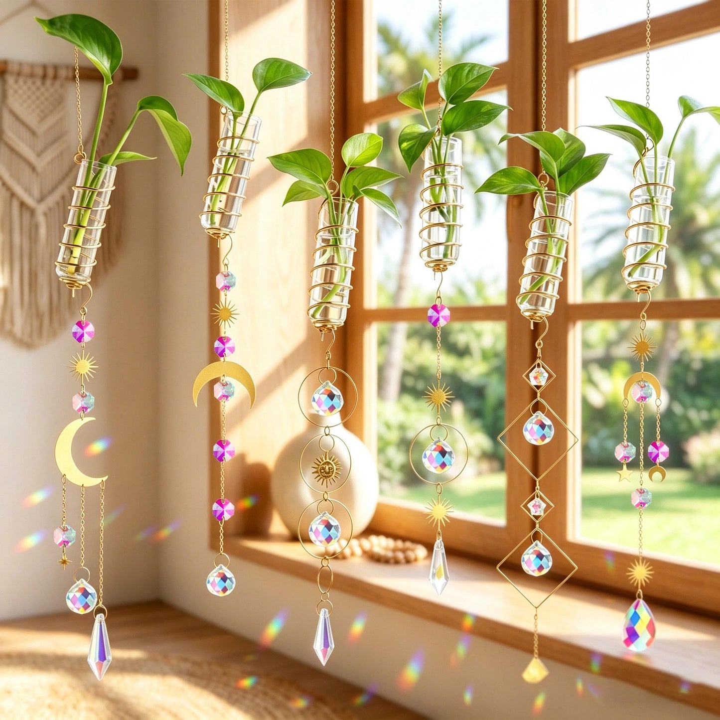 HDCRYSTALGIFTS 6 Pcs Crystal Suncatchers with Plant Propagation Station,Glass Window Wall Planters for Indoor Plants Hydroponics, Hanging Sun Catcher with Chain for Home Garden Whimsical Decor