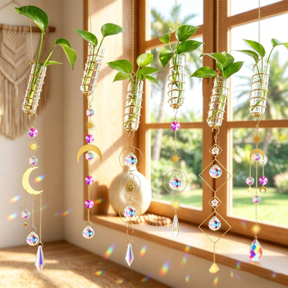 HDCRYSTALGIFTS 6 Pcs Crystal Suncatchers with Plant Propagation Station,Glass Window Wall Planters for Indoor Plants Hydroponics, Hanging Sun Catcher with Chain for Home Garden Whimsical Decor