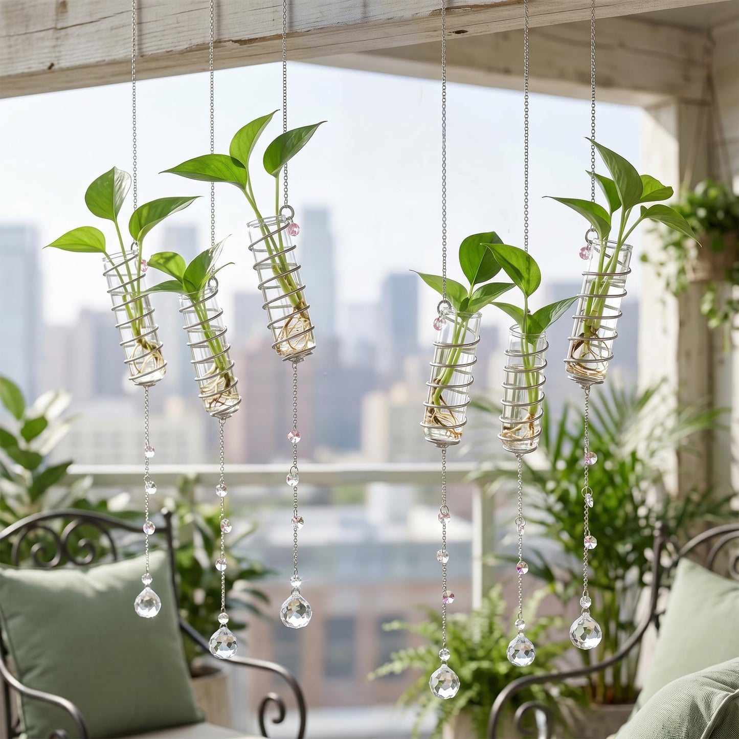 H&D HYALINE & DORA 6 Pcs Hanging Plant Propagation Station with Crystal Ball Prisms Suncatcher and Cleaning Brush, Glass Plant Suncatcher for Indoor Wall Plants Gifts for Plants Lovers(Silver)