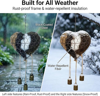Handmade Alpaca Fiber Bird Nesting Heart Material with 3 Bells, Metal Wire Cage Holder for Wild Birds Hummingbirds Goldfinches, Refillable Garden Decor & Bird Lover Gift