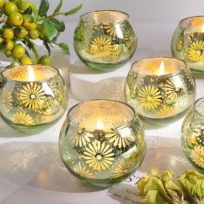 sunnyfuture Green Mercury Glass Votive Candle Holders Set of 12, Round Tealight Candle Holders Bulk for Table Centerpieces, Weddings, Shower Gifts, Christmas, Halloween Party Decorations