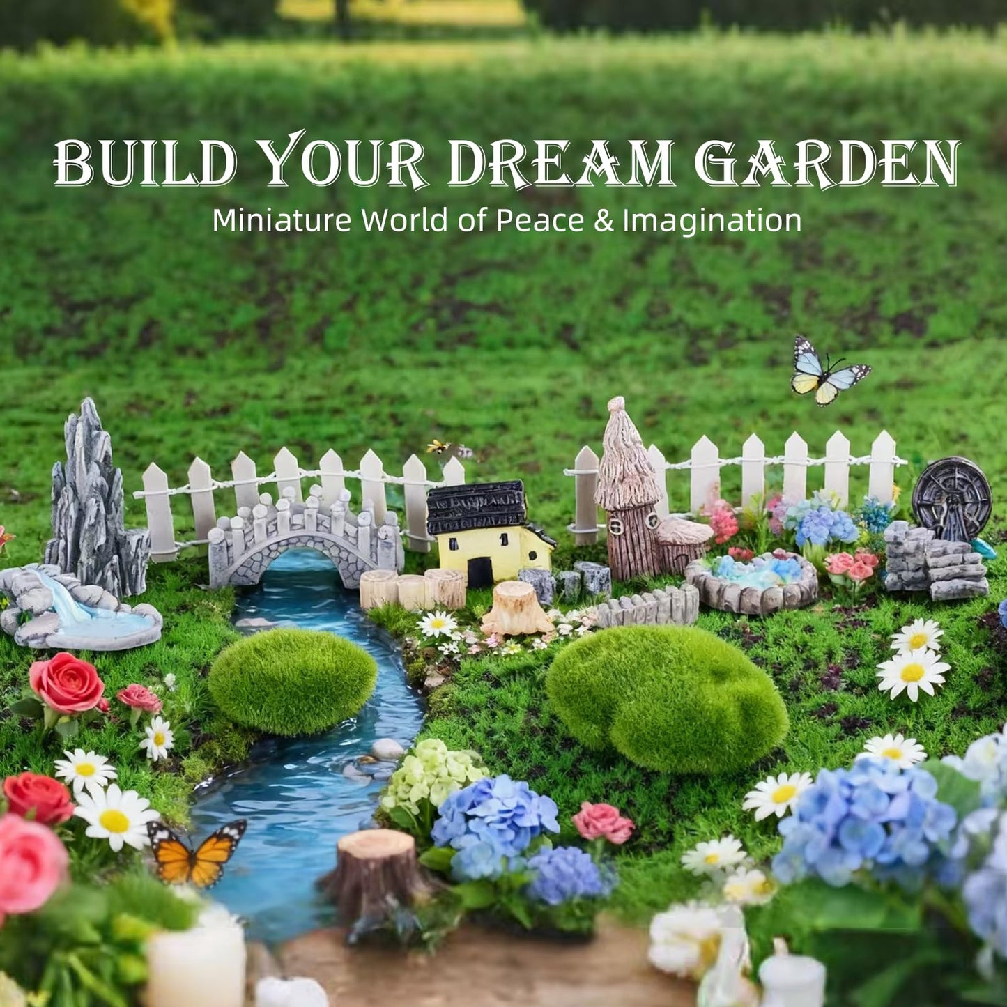 VerdantVibes 21-Piece Fairy Garden Kit with Mini Bridge, Waterwheel & Tree Stump Piers - Woodland Pond Decor Set for DIY Craft, Indoor/Outdoor Garden Accessories