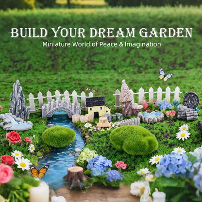 VerdantVibes 21-Piece Fairy Garden Kit with Mini Bridge, Waterwheel & Tree Stump Piers - Woodland Pond Decor Set for DIY Craft, Indoor/Outdoor Garden Accessories