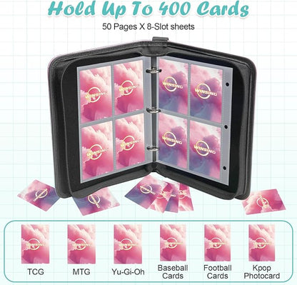 Card Binder 4 Pocket, 400 Pockets Card Holder Compatible with Game Cards Gift for Girls, Trading Card Binder Album Case Book Storage For Photocards, Small,Pink Grey