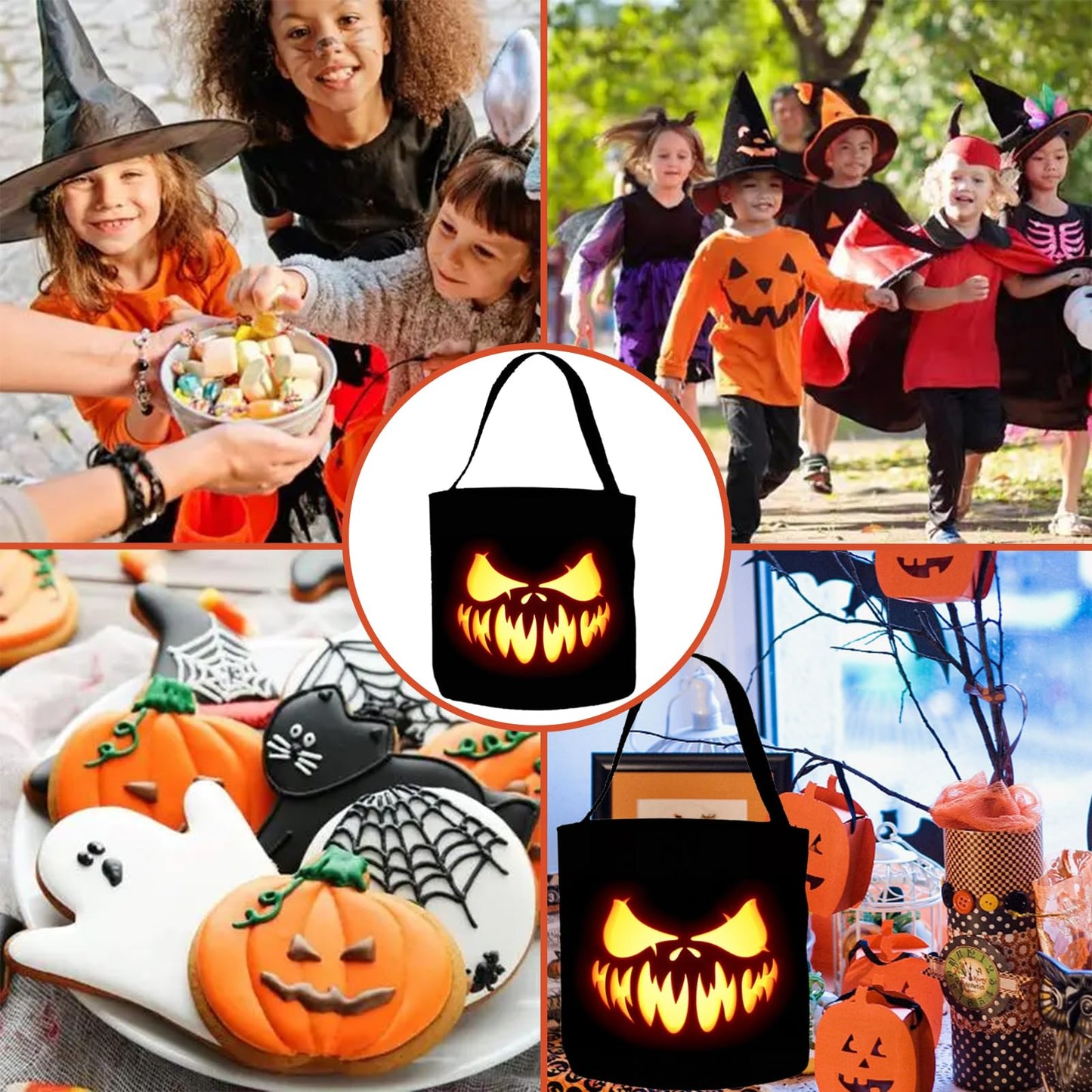 Halloween Trick or Treat Bucket Candy Bags Scary Evil Face Treat Bags Creepy Pumpkin Face Non-Woven Tote Bag with Handles Portable Collapsible Candy Present Bag for Party Decoration Favor Supplies