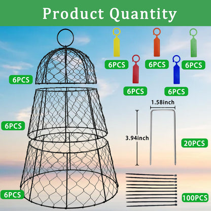 6 PCS 17.7"H X11.42"D Chicken Wire Plant Covers Protectors, Rustproof Heavy Duty Metal Plant Cage with Stakes & Labels, Modular Garden Cloches Design for Seedling Flower Vegetable Protect from Animals