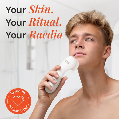 Raedia Handheld Facial Cleansing Brush with 4 Interchangeable Brush Heads by Vanity Planet - Lightweight Daily Cleansing Brush for Glowing Skin - Water Resistant Face Exfoliator - Warm Grey