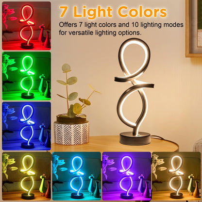 Mayful RGB Modern Table Lamp with 15W LED Spiral Spiral Design, Black Nightstand Lamp & Small Bedside Lamp, Touch Dimmable with 7 Colors & 10 Modes for Bedroom, Living Room, Office