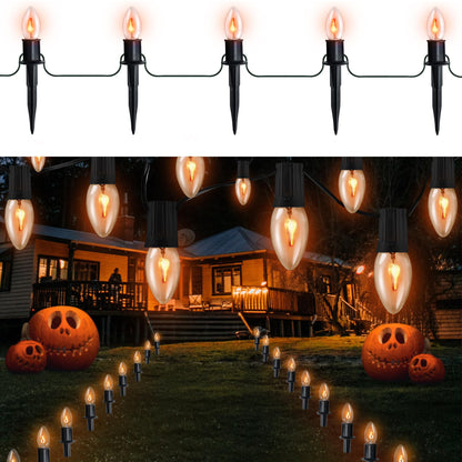 TIORIY 24.2ft Flickering Flame Pathway Halloween Light Decoration Outdoor, C9 String Lights Halloween Decor with Stakes, Waterproof 20 Flicker Lights for Garden, Party, Green Wire